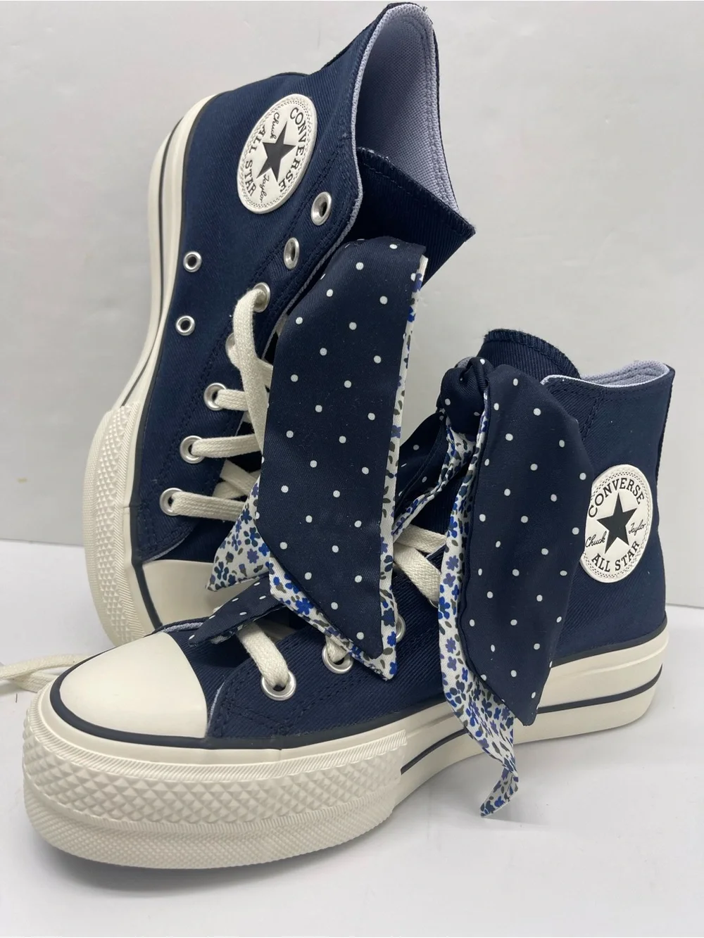 Converse CTAS High Top Platform Sneakers in Navy with Polka-Dot Scarf Laces
